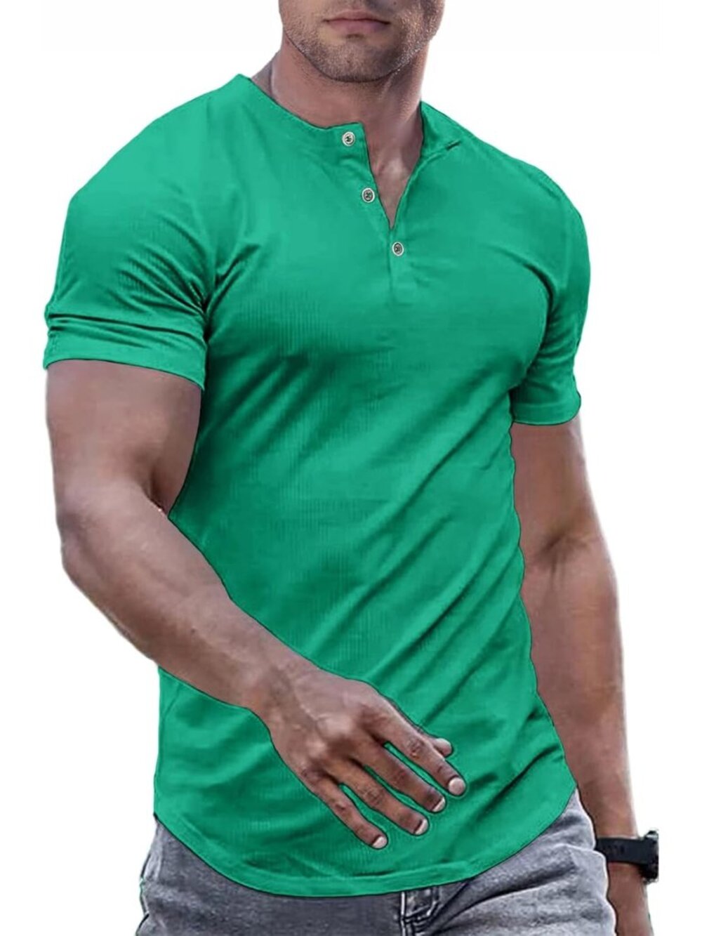 Men's Green 2 Muscle Slim Henley Crewneck Longline Athletic Button Tees Shirts